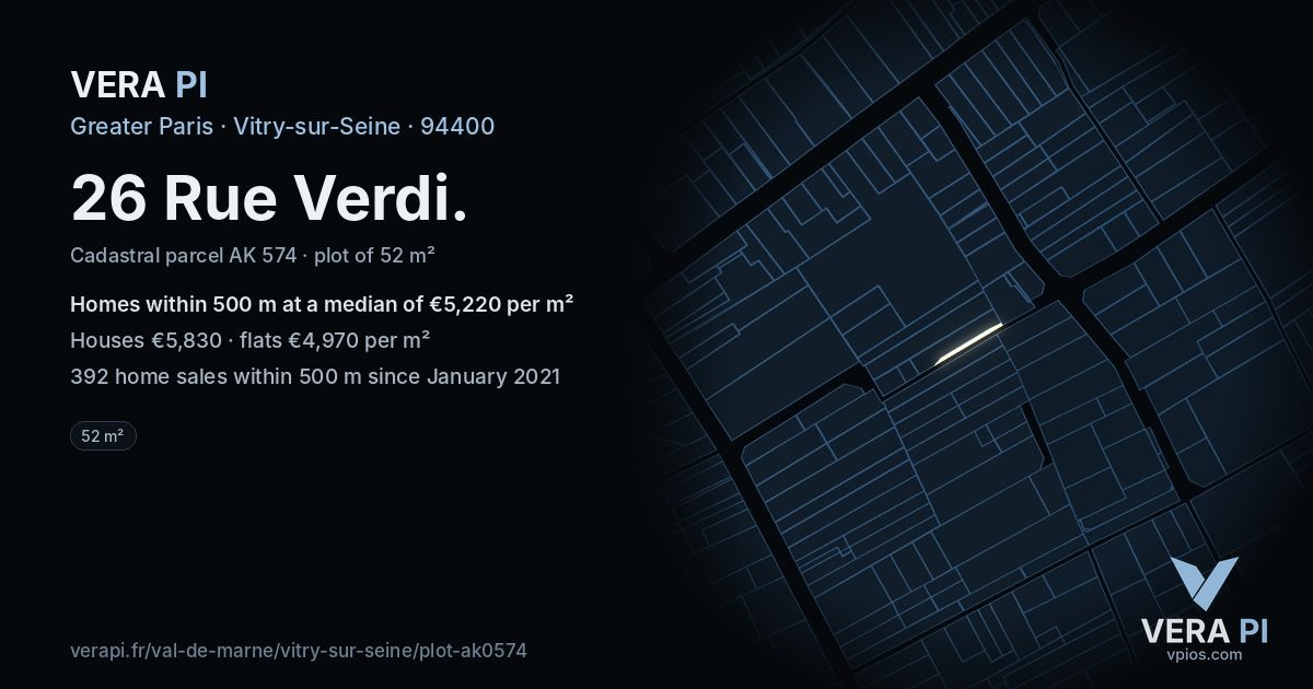 26 Rue Verdi, Vitry-sur-Seine at night – the plot lit, the parcels around coloured by the prices near them