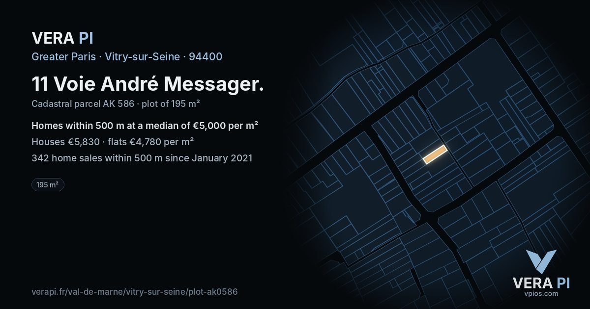 11 Voie André Messager, Vitry-sur-Seine at night – the plot lit, the parcels around coloured by the prices near them
