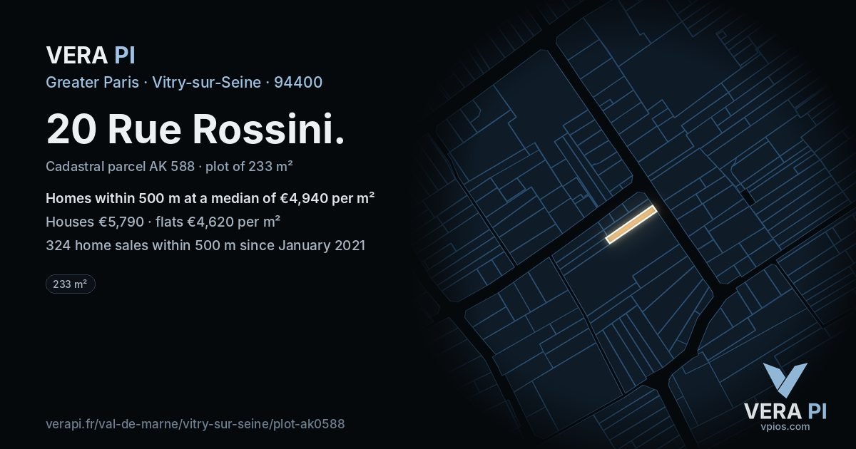 20 Rue Rossini, Vitry-sur-Seine at night – the plot lit, the parcels around coloured by the prices near them