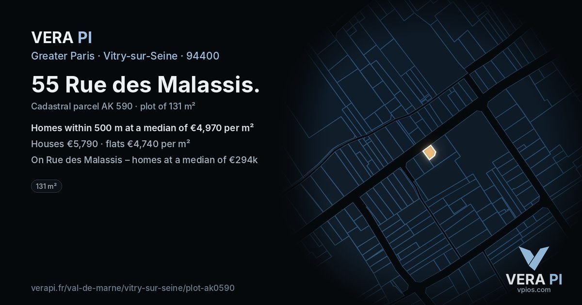 55 Rue des Malassis, Vitry-sur-Seine at night – the plot lit, the parcels around coloured by the prices near them