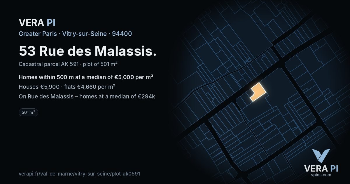 53 Rue des Malassis, Vitry-sur-Seine at night – the plot lit, the parcels around coloured by the prices near them
