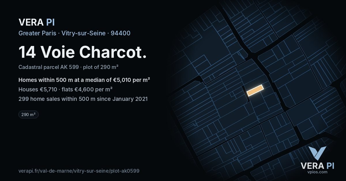 14 Voie Charcot, Vitry-sur-Seine at night – the plot lit, the parcels around coloured by the prices near them