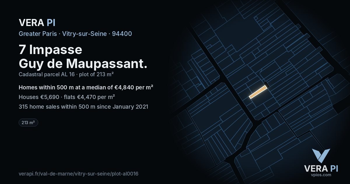 7 Impasse Guy de Maupassant, Vitry-sur-Seine at night – the plot lit, the parcels around coloured by the prices near them