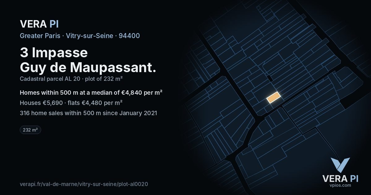 3 Impasse Guy de Maupassant, Vitry-sur-Seine at night – the plot lit, the parcels around coloured by the prices near them