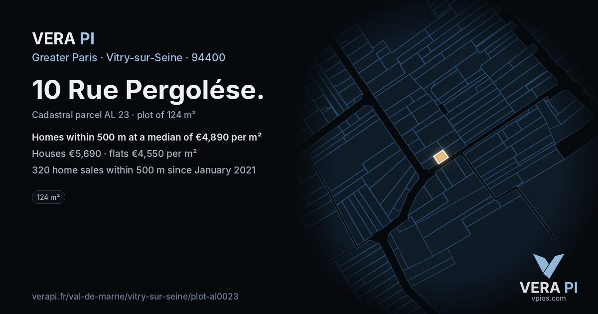 10 Rue Pergolése, Vitry-sur-Seine at night – the plot lit, the parcels around coloured by the prices near them