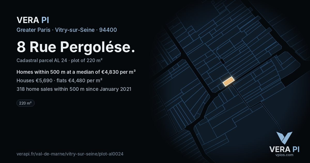 8 Rue Pergolése, Vitry-sur-Seine at night – the plot lit, the parcels around coloured by the prices near them