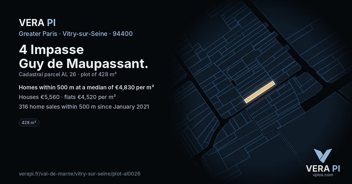 4 Impasse Guy de Maupassant, Vitry-sur-Seine at night – the plot lit, the parcels around coloured by the prices near them