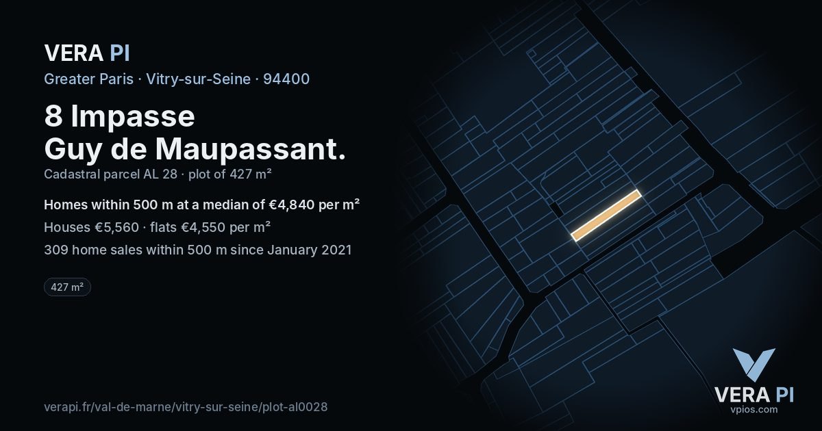 8 Impasse Guy de Maupassant, Vitry-sur-Seine at night – the plot lit, the parcels around coloured by the prices near them
