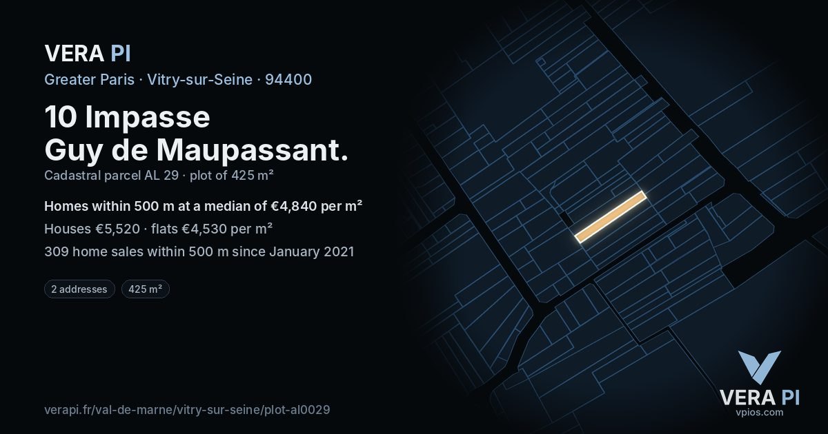10 Impasse Guy de Maupassant, Vitry-sur-Seine at night – the plot lit, the parcels around coloured by the prices near them