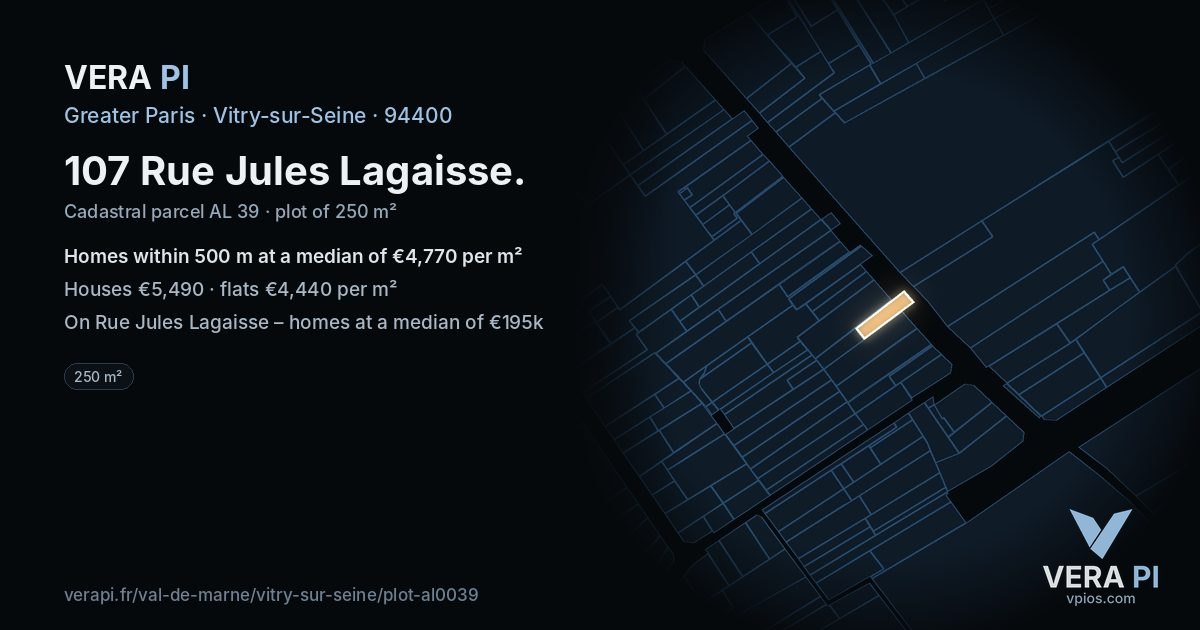 107 Rue Jules Lagaisse, Vitry-sur-Seine at night – the plot lit, the parcels around coloured by the prices near them