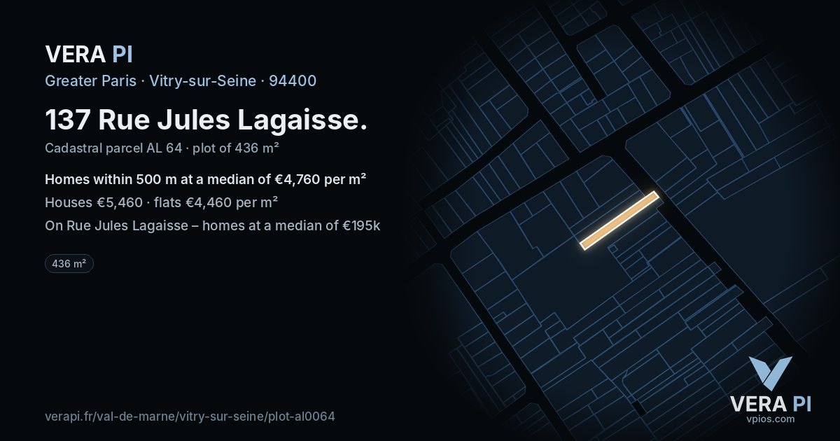 137 Rue Jules Lagaisse, Vitry-sur-Seine at night – the plot lit, the parcels around coloured by the prices near them