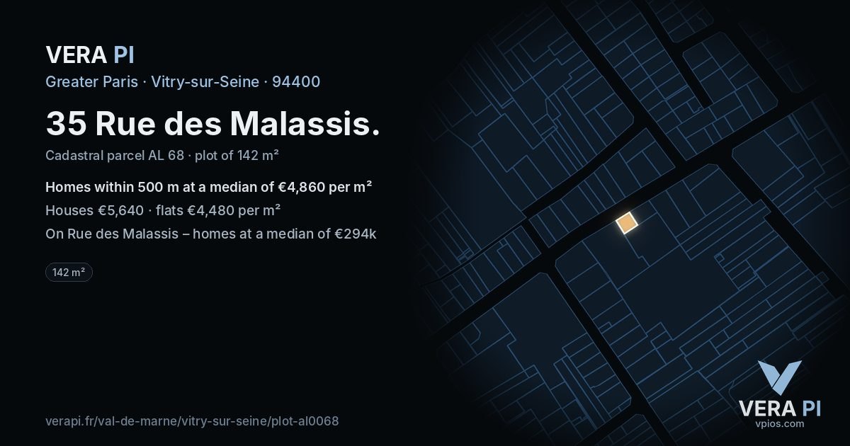 35 Rue des Malassis, Vitry-sur-Seine at night – the plot lit, the parcels around coloured by the prices near them
