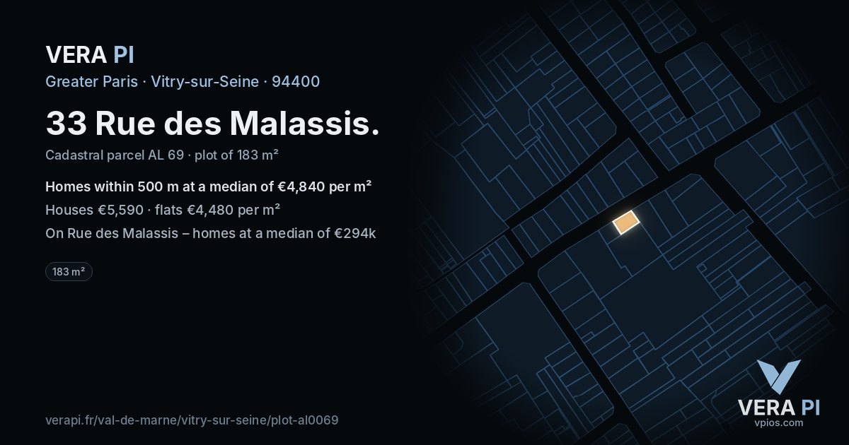 33 Rue des Malassis, Vitry-sur-Seine at night – the plot lit, the parcels around coloured by the prices near them