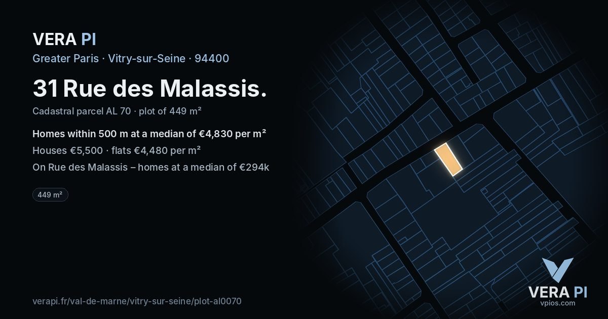 31 Rue des Malassis, Vitry-sur-Seine at night – the plot lit, the parcels around coloured by the prices near them
