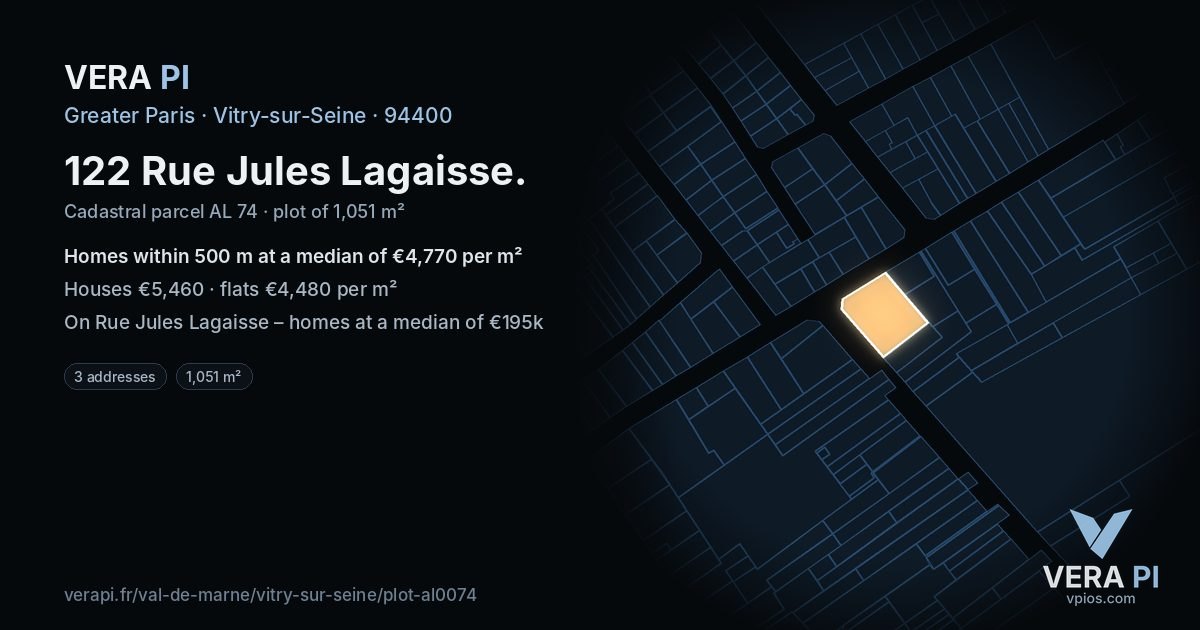 122 Rue Jules Lagaisse, Vitry-sur-Seine at night – the plot lit, the parcels around coloured by the prices near them