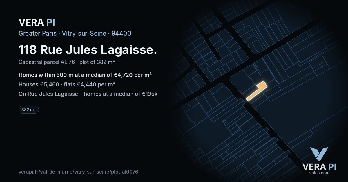118 Rue Jules Lagaisse, Vitry-sur-Seine at night – the plot lit, the parcels around coloured by the prices near them