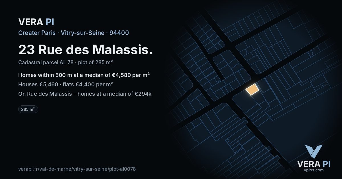 23 Rue des Malassis, Vitry-sur-Seine at night – the plot lit, the parcels around coloured by the prices near them