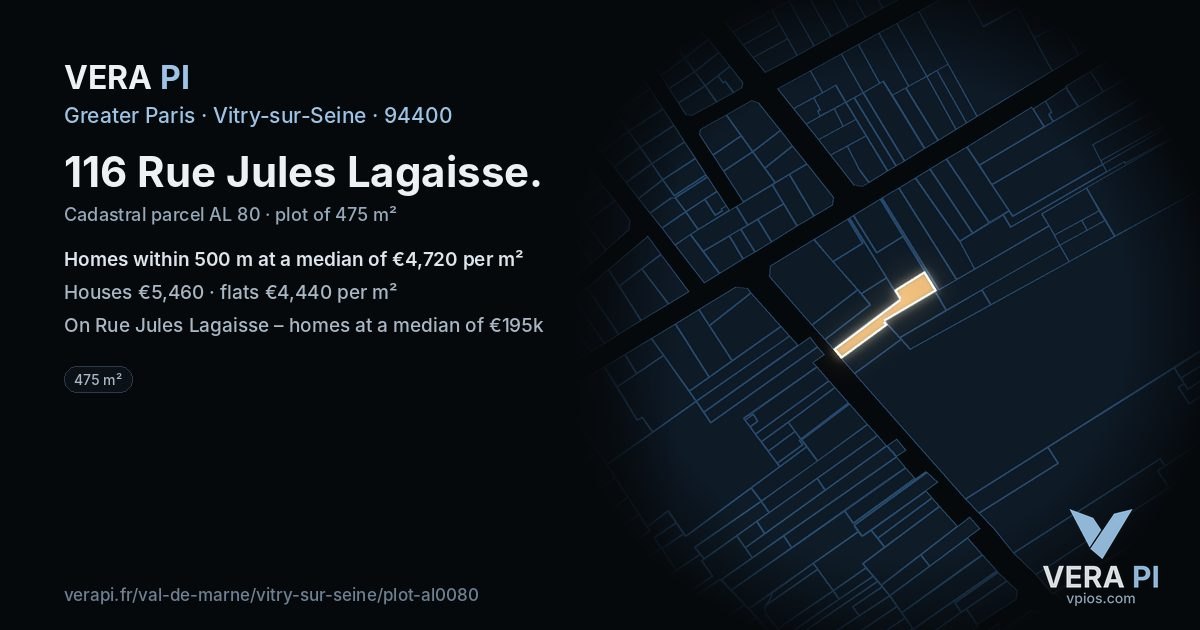 116 Rue Jules Lagaisse, Vitry-sur-Seine at night – the plot lit, the parcels around coloured by the prices near them