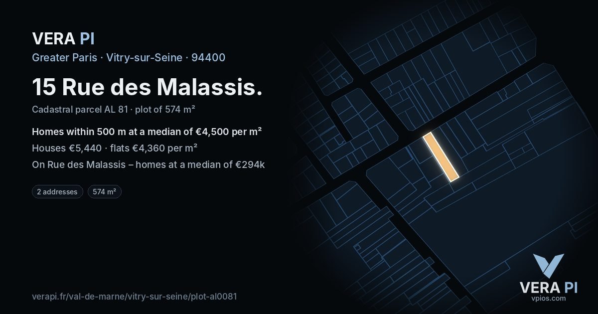 15 Rue des Malassis, Vitry-sur-Seine at night – the plot lit, the parcels around coloured by the prices near them