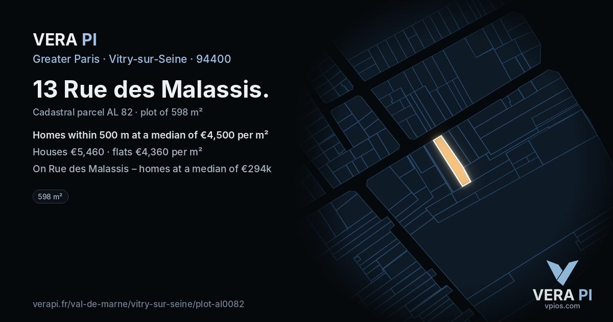 13 Rue des Malassis, Vitry-sur-Seine at night – the plot lit, the parcels around coloured by the prices near them