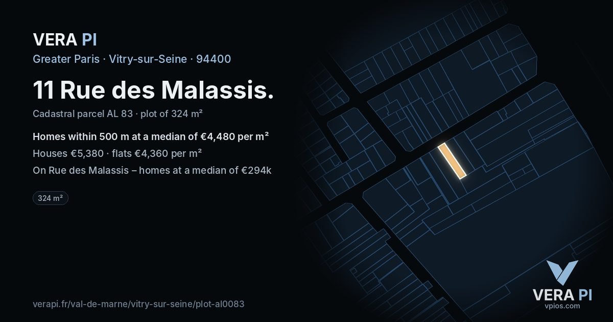 11 Rue des Malassis, Vitry-sur-Seine at night – the plot lit, the parcels around coloured by the prices near them