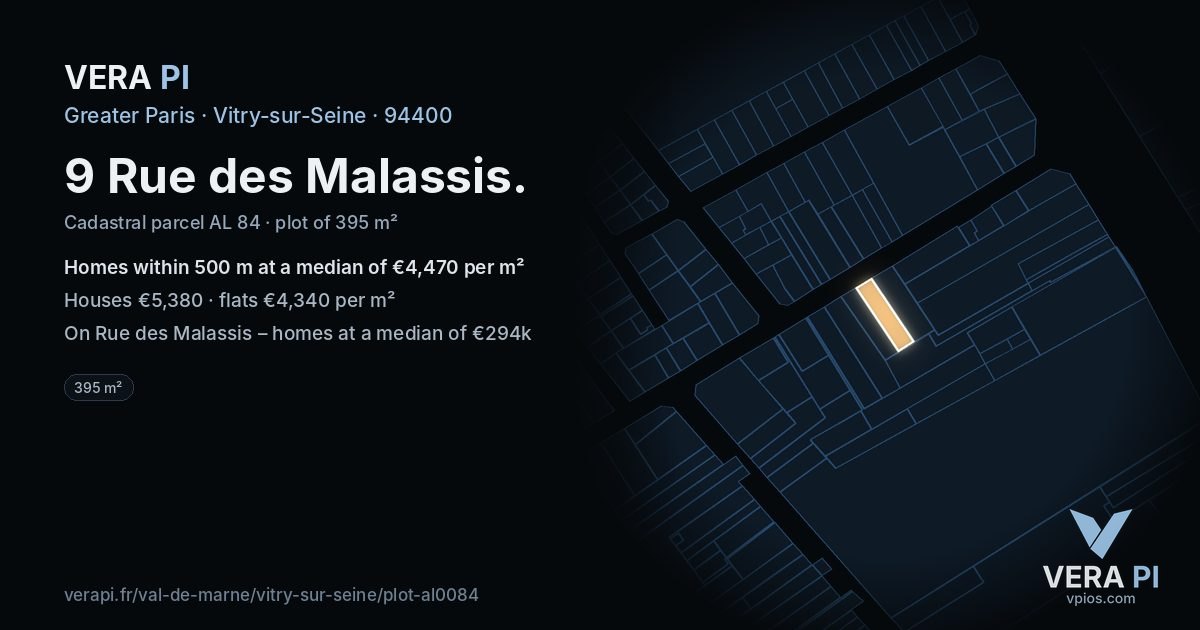 9 Rue des Malassis, Vitry-sur-Seine at night – the plot lit, the parcels around coloured by the prices near them