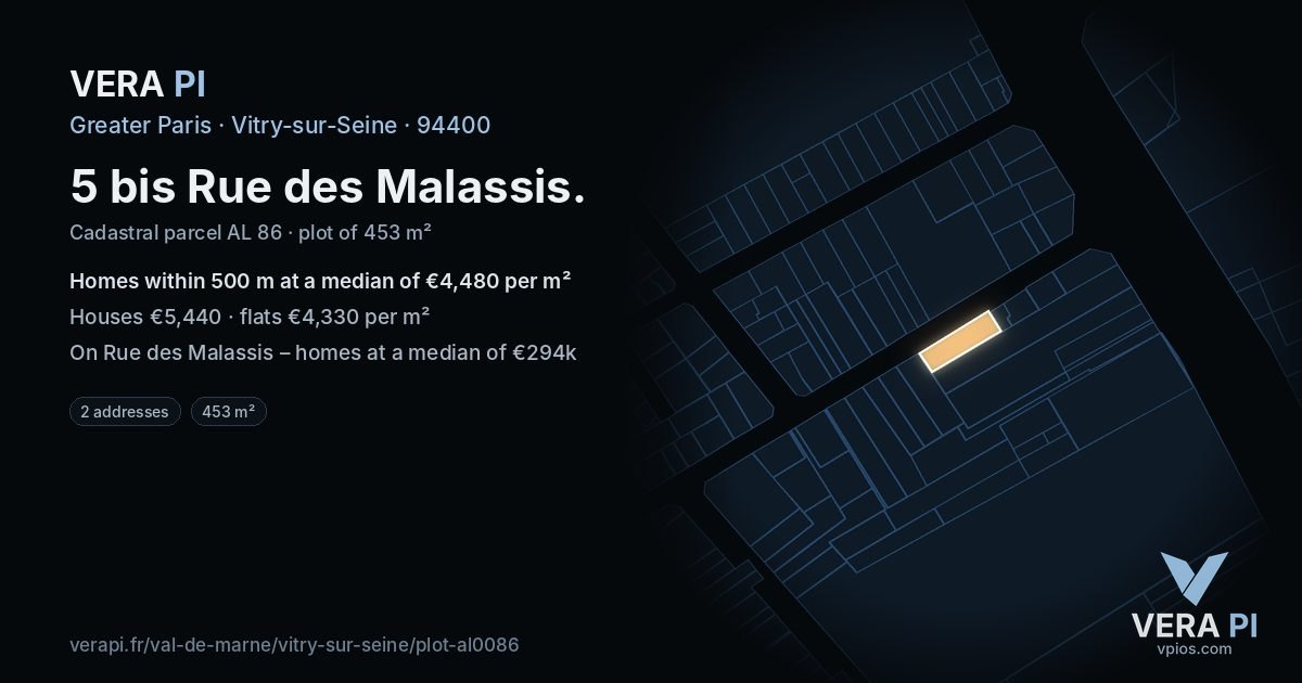 5 bis Rue des Malassis, Vitry-sur-Seine at night – the plot lit, the parcels around coloured by the prices near them