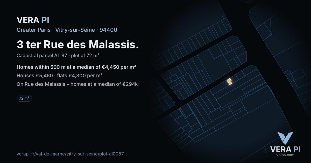 3 ter Rue des Malassis, Vitry-sur-Seine at night – the plot lit, the parcels around coloured by the prices near them