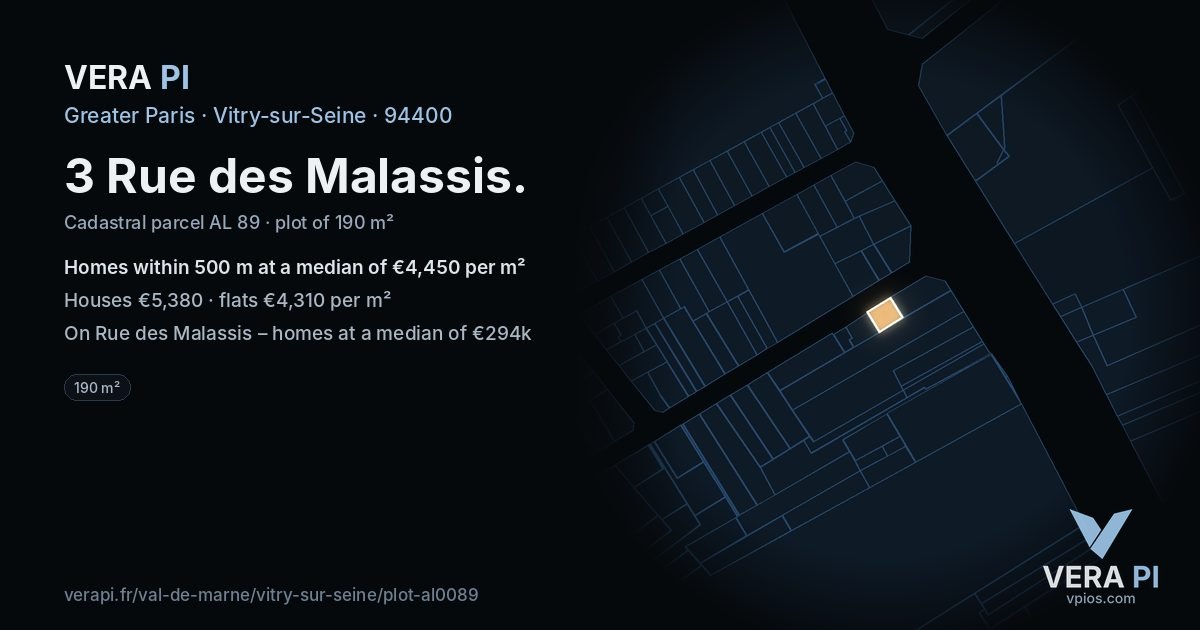 3 Rue des Malassis, Vitry-sur-Seine at night – the plot lit, the parcels around coloured by the prices near them