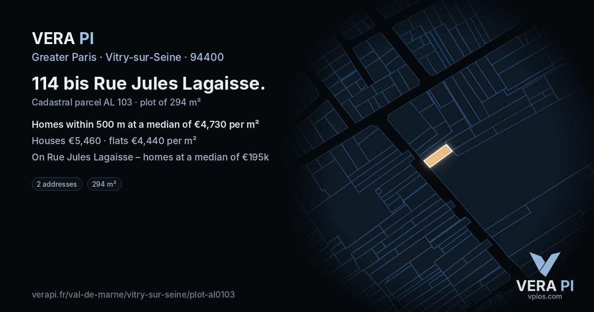 114 bis Rue Jules Lagaisse, Vitry-sur-Seine at night – the plot lit, the parcels around coloured by the prices near them