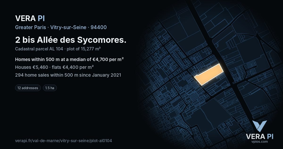 2 bis Allée des Sycomores, Vitry-sur-Seine at night – the plot lit, the parcels around coloured by the prices near them