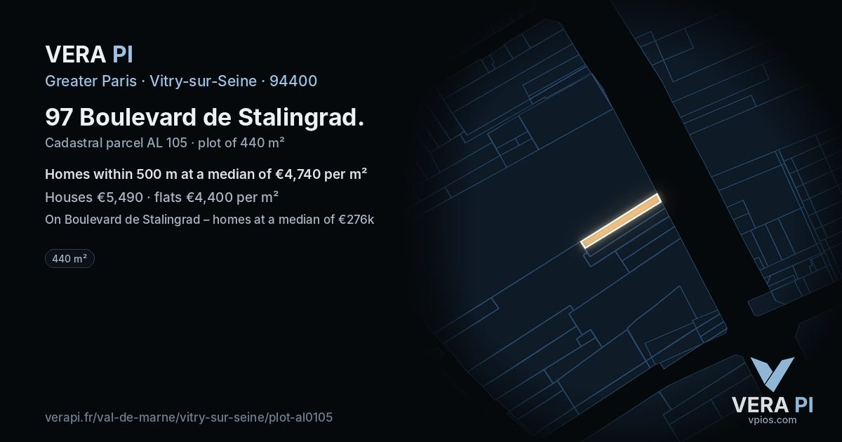 97 Boulevard de Stalingrad, Vitry-sur-Seine at night – the plot lit, the parcels around coloured by the prices near them