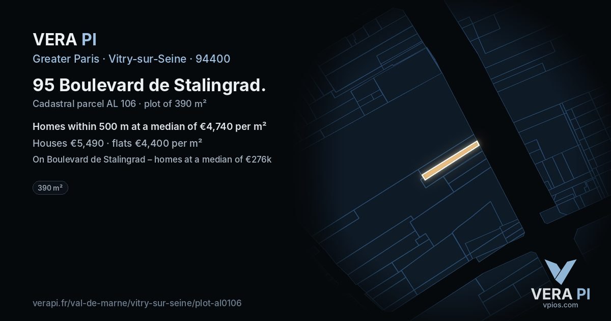 95 Boulevard de Stalingrad, Vitry-sur-Seine at night – the plot lit, the parcels around coloured by the prices near them