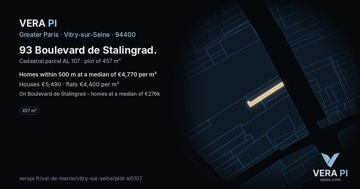 93 Boulevard de Stalingrad, Vitry-sur-Seine at night – the plot lit, the parcels around coloured by the prices near them