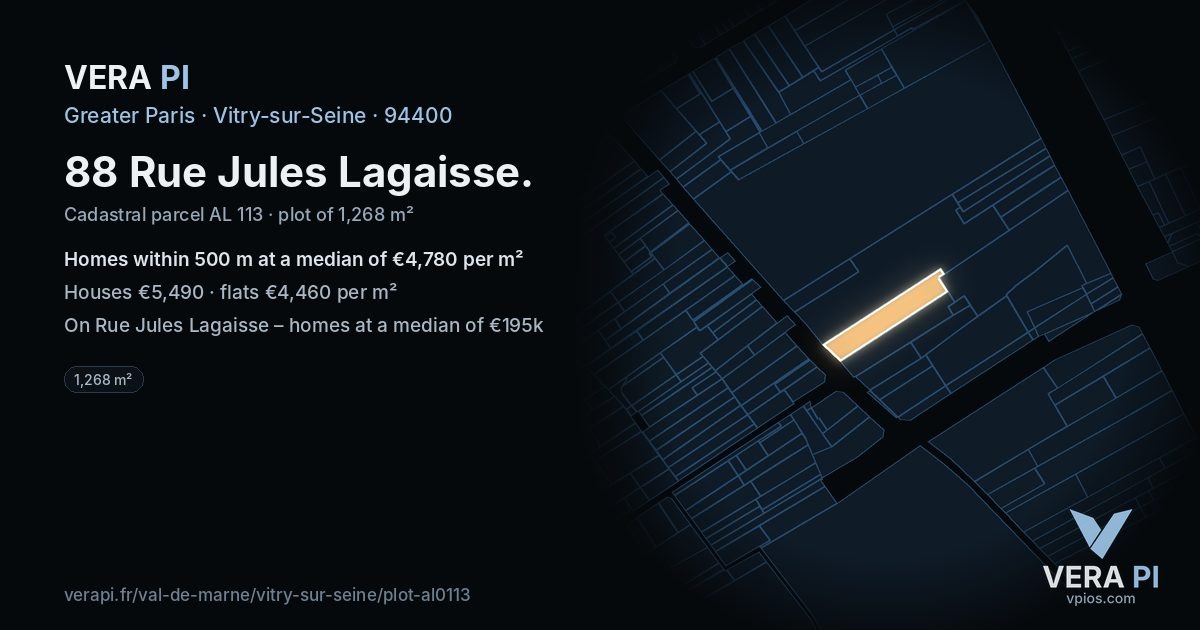 88 Rue Jules Lagaisse, Vitry-sur-Seine at night – the plot lit, the parcels around coloured by the prices near them