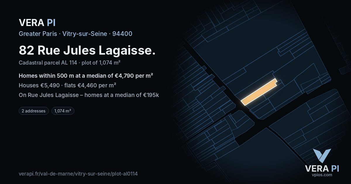 82 Rue Jules Lagaisse, Vitry-sur-Seine at night – the plot lit, the parcels around coloured by the prices near them