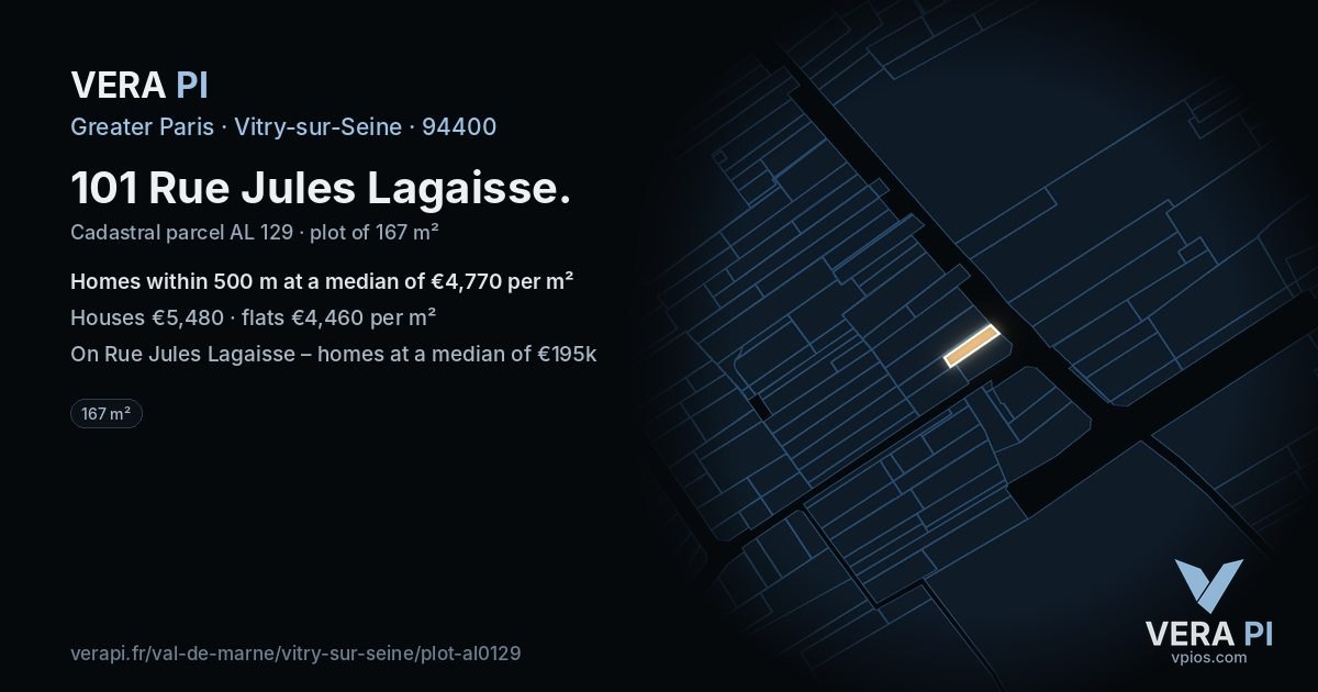 101 Rue Jules Lagaisse, Vitry-sur-Seine at night – the plot lit, the parcels around coloured by the prices near them