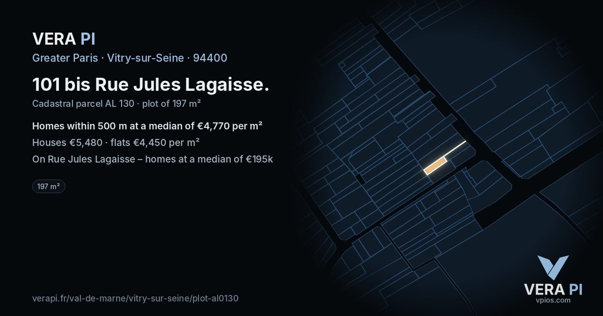 101 bis Rue Jules Lagaisse, Vitry-sur-Seine at night – the plot lit, the parcels around coloured by the prices near them
