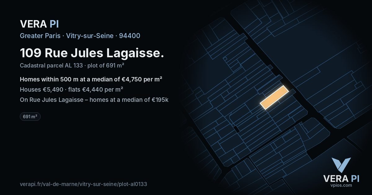 109 Rue Jules Lagaisse, Vitry-sur-Seine at night – the plot lit, the parcels around coloured by the prices near them