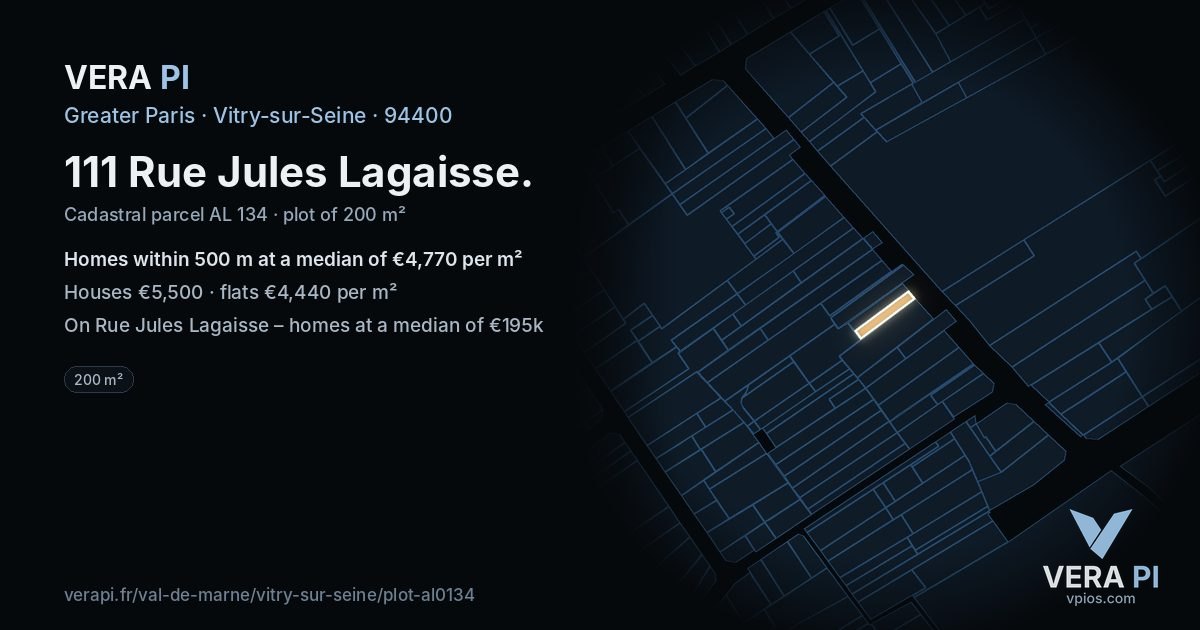 111 Rue Jules Lagaisse, Vitry-sur-Seine at night – the plot lit, the parcels around coloured by the prices near them