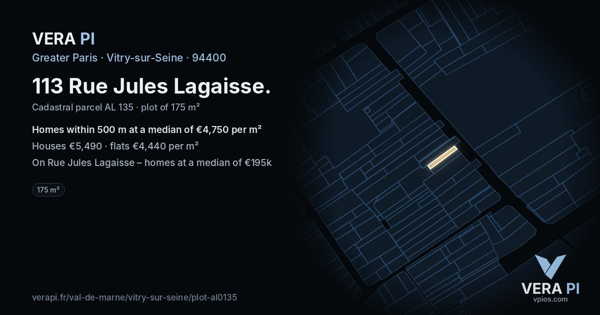 113 Rue Jules Lagaisse, Vitry-sur-Seine at night – the plot lit, the parcels around coloured by the prices near them