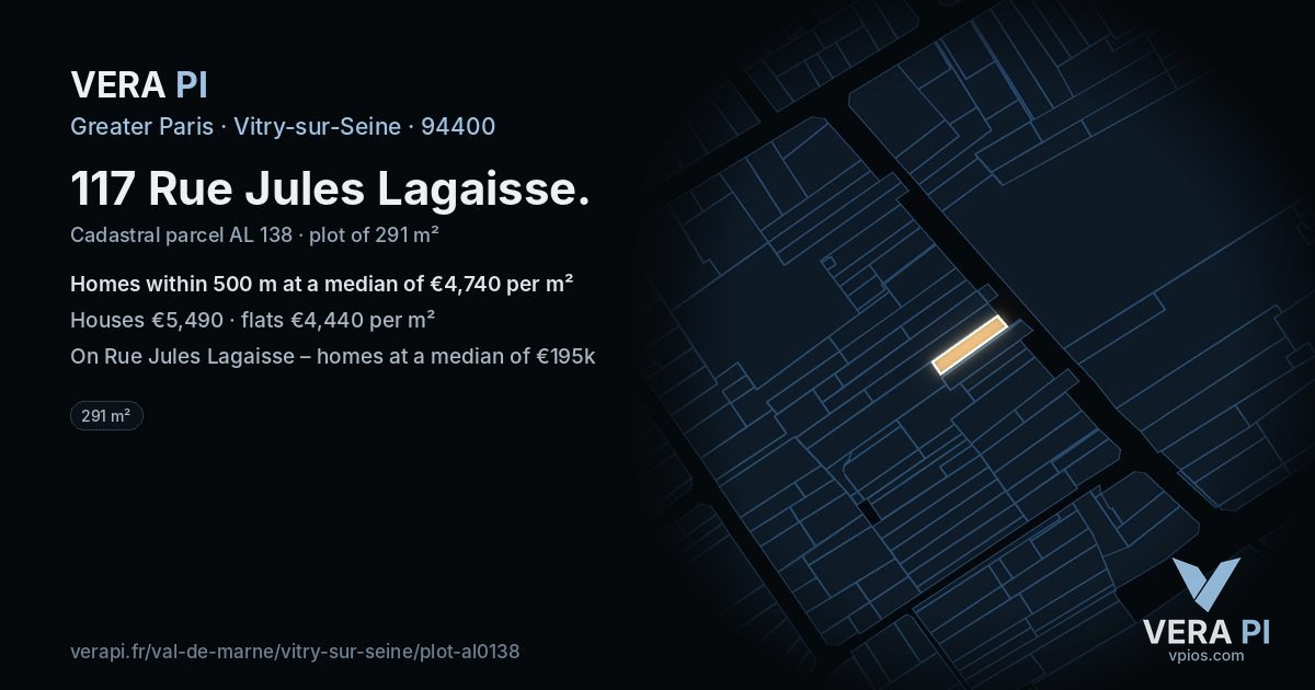 117 Rue Jules Lagaisse, Vitry-sur-Seine at night – the plot lit, the parcels around coloured by the prices near them