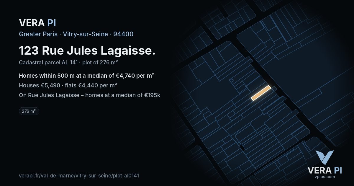 123 Rue Jules Lagaisse, Vitry-sur-Seine at night – the plot lit, the parcels around coloured by the prices near them
