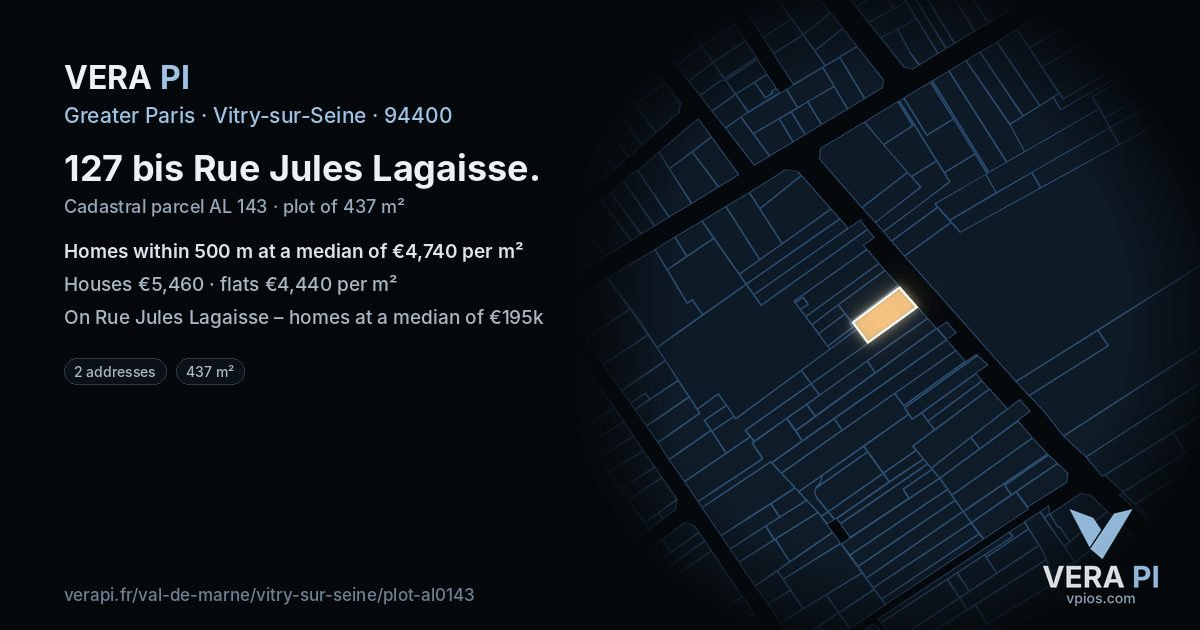 127 bis Rue Jules Lagaisse, Vitry-sur-Seine at night – the plot lit, the parcels around coloured by the prices near them