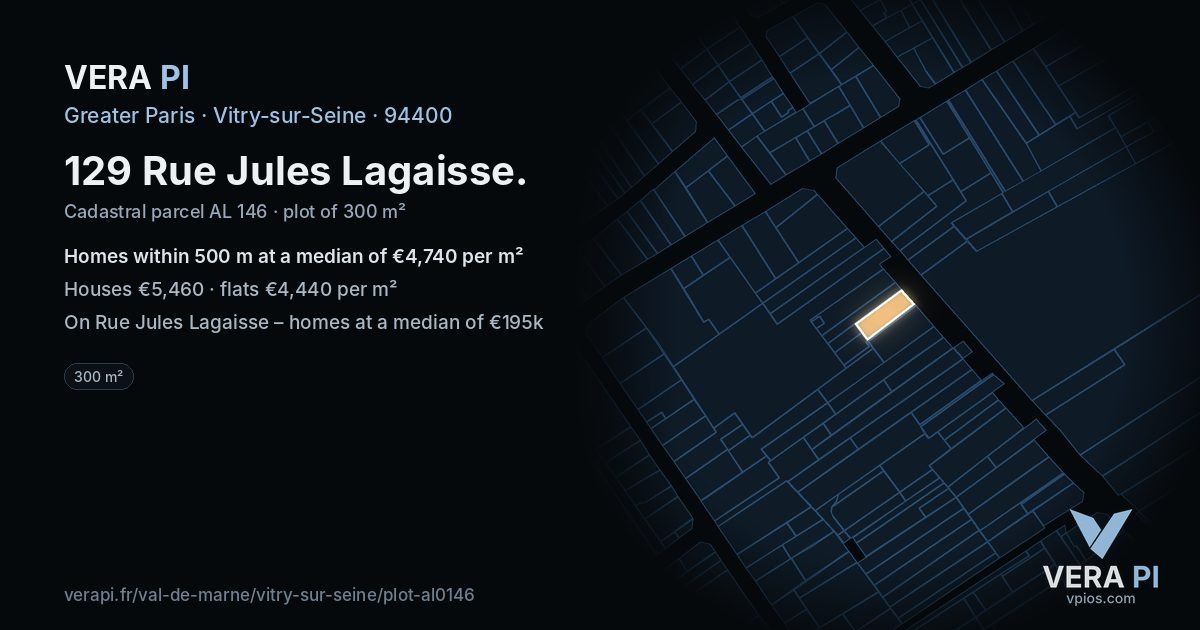 129 Rue Jules Lagaisse, Vitry-sur-Seine at night – the plot lit, the parcels around coloured by the prices near them