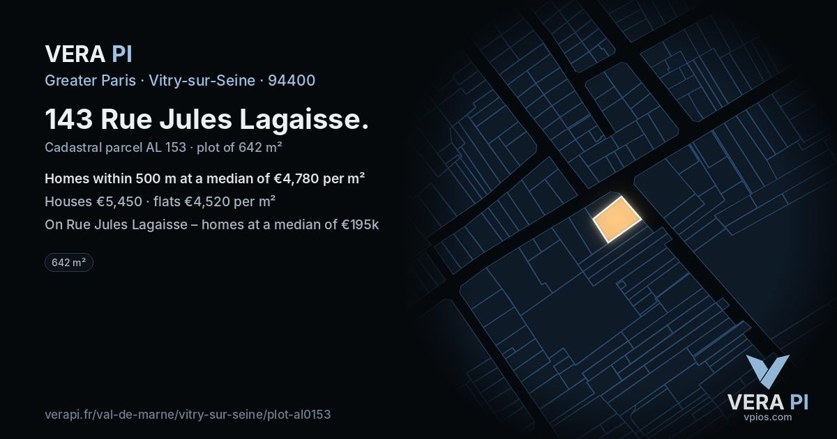143 Rue Jules Lagaisse, Vitry-sur-Seine at night – the plot lit, the parcels around coloured by the prices near them