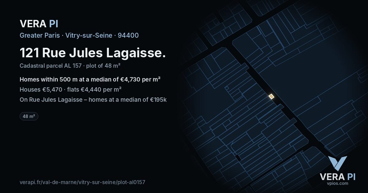 121 Rue Jules Lagaisse, Vitry-sur-Seine at night – the plot lit, the parcels around coloured by the prices near them