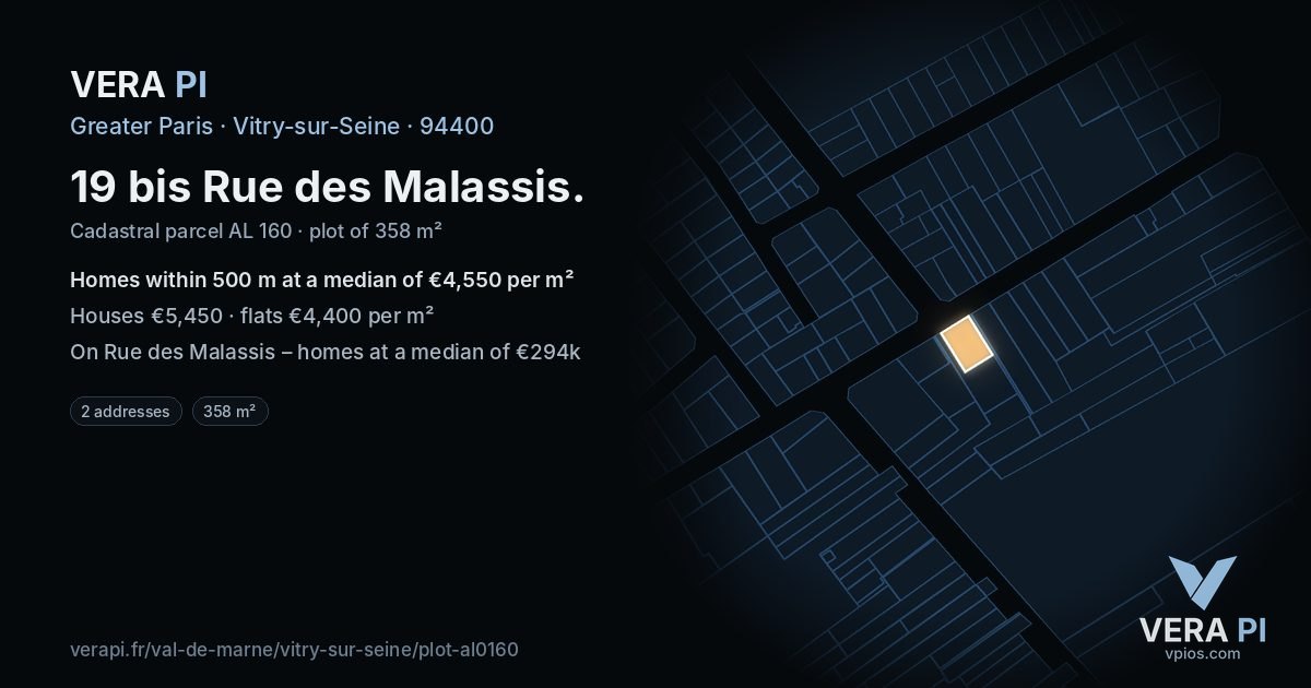 19 bis Rue des Malassis, Vitry-sur-Seine at night – the plot lit, the parcels around coloured by the prices near them