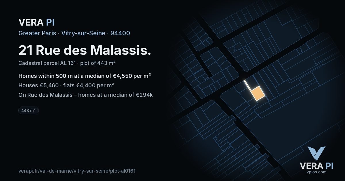 21 Rue des Malassis, Vitry-sur-Seine at night – the plot lit, the parcels around coloured by the prices near them