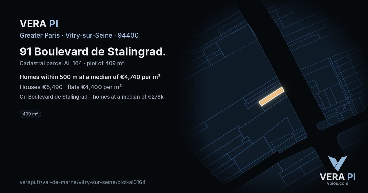 91 Boulevard de Stalingrad, Vitry-sur-Seine at night – the plot lit, the parcels around coloured by the prices near them